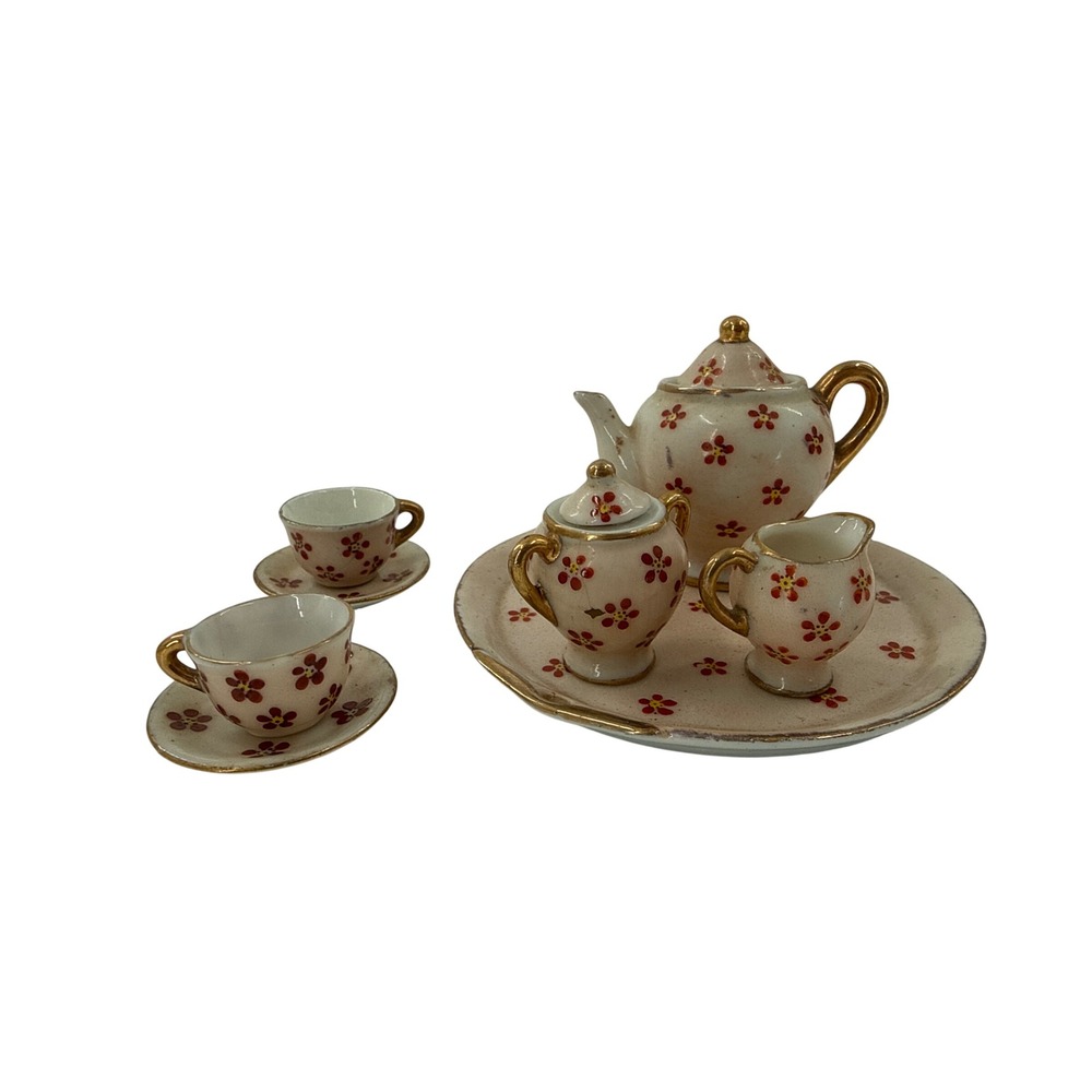MARUYAMA 10-PIECE MINI PORCELAIN TEA SET, RED‎ FLOWERS, OCCUPIED JAPAN READ